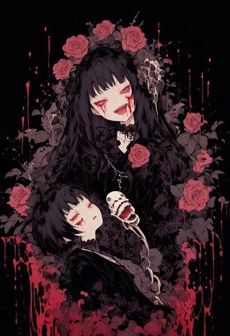 japanese line art    , two woman intertwined on a bed, floral patterns, roses, linen , (bloody face, dripping blood:1.2) , dripping blood, skeletal figures, gore, (aged black background:1.2) ,  weathered canvas and brushstroke  , (intricate eyeball  pattern background:1) , ,  bad  quality , low res,  , in the style of  takato yamamoto   unfinished, ugly, <lora:takma2:1.2>
goth,