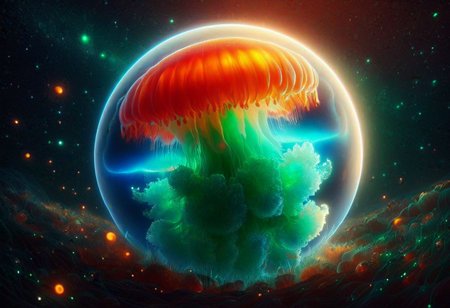 A translucent Sphere with a shrunken Universe forming from a powerful  quantum explosion , (the universe itself a living Jelly  lifeform), Cosmic  Fluorescent Colors  ,Dark Sci-fi ,, Subsurface scattering , Ray Tracing ,Rear Cosmic amibient   light mapping for deep space and Stellar lighting ,electric green , burnt orange , metallic candy apple red,tundra blue  ,8k UHD ,Masterfully rendered in Octane by Sithandwesson ,