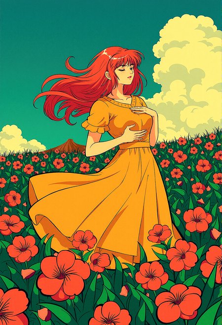msdh, frosted animation,
anime style of a ginger woman on a hill covered in glowing flowers, with exotic vegetation swaying in the strong wind. Her long hair flows in the breeze, while petals and leaves are scattered around her. The noon sun bathes the scene in bright light, highlighting the intricate details and vibrant colors. The image captures extreme realism with a sharp, wide-angle view in high-resolution HDR, with no depth of field.

Light catching in the strands of the woman’s hair, making it appear more dynamic and alive. subtle color gradients across the scene, blending the colors of the sky, flowers, and vegetation more harmoniously.subtle reflections on any shiny surfaces, such as wet leaves or the woman’s eyes, to enhance the realism and detail.

She rests one hand on her chest, eyes closed, as if deeply moved by the beauty around her.
