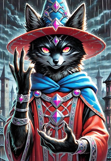 masterpiece,best quality,amazing quality,stalac, traditional media, solo, fox, black body fur, upper body, paws, small claws, fingerless gloves,  (mage robe, red robe, blue robe, multicolor robe, black sleeves, embroidered, silver accents), jewelry, gems, straight on, gradient eyes, hand up, hand gesture, serious, headwear, outdoors, tower roof, dark clouds, rain