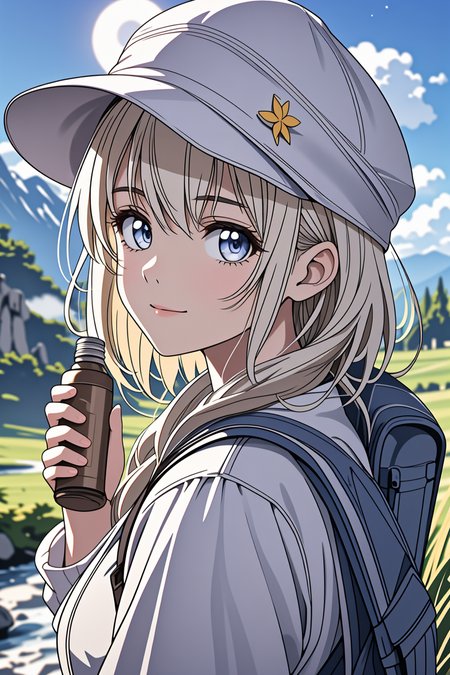 1 woman ((upper body selfie, happy)), masterpiece, best quality, ultra-detailed, solo, outdoors, (night), mountains, nature, (stars, moon) cheerful, happy, backpack, camping stove, water bottle, mountain boots, gloves, sweater, hat, flashlight, forest, rocks, river, wood, smoke, shadows, contrast, clear sky, analog style (look at viewer:1.2) (skin texture) (film grain:1.3), (warm hue, warm tone:1.2), close up, cinematic light, sidelighting, ultra high res, best shadow, RAW, upper body, wearing pulloverbackground, natural skin:0.5 <lora:LCM_LoRA_Weights_SD15:1>