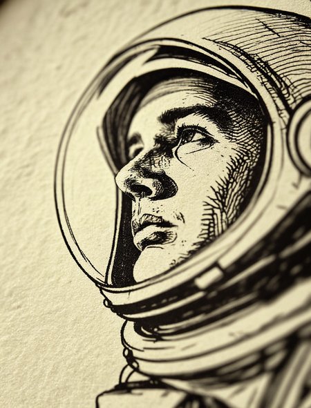 (blurry:-1), (sharp focus). closeup photography of an ink sketch of an American 1960s Astronaut. on construction paper. ((intricate paper texture)). ((paper viewed at a low closeup angle)). ((dim angled light that highlights the texture of the thick construction paper))