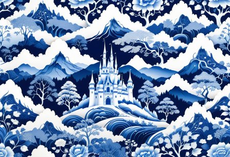 a  castle in Bluepatternporcelain,
mountain forest meadow background,