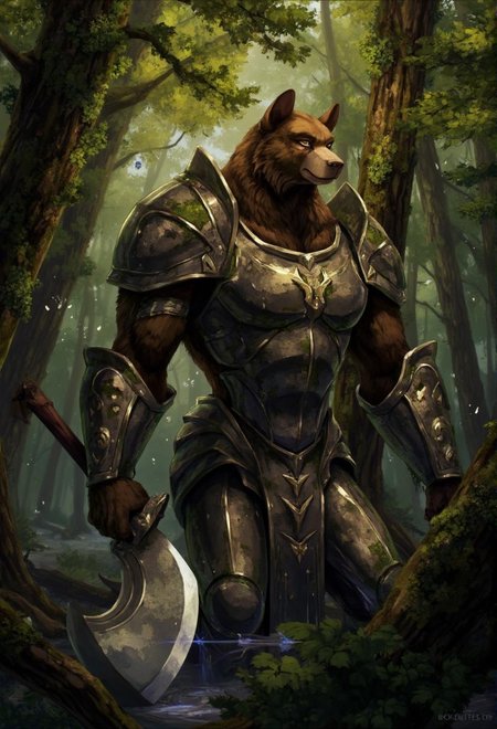 <lora:ck-LttleGhost-000011.safetensors:1> in the style of ck-lttlegh0st
In the heart of an ancient forest, where the air is thick with the scent of moss and the sound of distant waterfalls, a mysterious armored bear stands tall and proud. The bear, a towering figure with a majestic presence, is clad in armor forged from the very bark of the ancient trees. The metal glimmers with an ethereal light, as if infused with the essence of the forest itself. In its massive paw, the bear wields a colossal axe, its blade shimmering with a silver glow, a perfect reflection of the harmony between the bear and its natural surroundings.
The forest around the bear is a tapestry of vibrant life. Trees with trunks as wide as ancient cathedrals stretch their branches to the heavens, their leaves a tapestry of green and gold. Vines and ivy wind their way up the trunks, intertwining with the roots that bind the earth below. Small, ethereal creatures flit about, their wings catching the light and casting a gentle, shimmering glow. The air is filled with the soft hum of insects and the distant calls of birds, a symphony of nature in perfect balance.
The bear, a guardian of this serene world, stands with a sense of deep connection to the land. Its eyes, a deep, soulful brown, reflect the wisdom of the ages. The armor, once a symbol of menace, now seems to blend seamlessly with the forest, as if the bear and the natural world are one and the same. The bear's body language is one of calm and strength, its stance a testament to the harmony it has forged with the environment.
In this tranquil scene, the bear's massive axe is not a weapon of destruction but a tool of protection, a symbol of the bear's role as a guardian of the forest. The blade, when it moves, seems to flow with the grace of a dancer, each swing a beautiful dance with the natural world. The bear's presence is a reminder of the delicate balance and profound connection between all living things, a harmony that permeates every aspect of this enchanted forest.