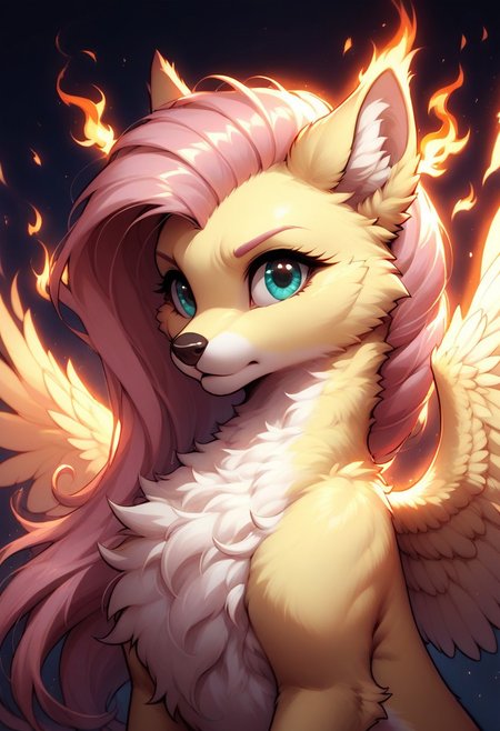 core_9, score_8_up, score_7_up, score_5_up, source_anime, Fluttershy, MegaFluffyPony, furry, fluffy, glowing magic, dramatic lighting, fiery effects, volumetric lighting, pastel colors, vibrant contrasts, portrait, flames, sparks, glowing particles, y3ll0wblu3, porochaStyle, dynamic pose, majestic and intense atmosphere, dark fantasy background
