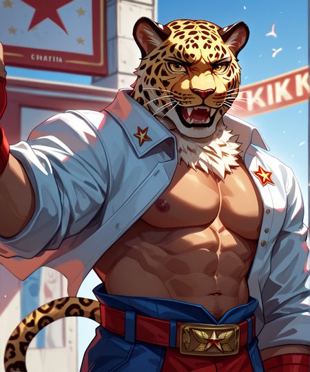 score_9, score_8_up, score_7_up,
<lora:King_(Tekken)_(Pony)_(AD):0.8> K1ng, Tekken, wrestler, muscular, jaguar headed, tanned skin,
8K, In'ei, hiaroscuro, depth of field, volumetric lighting,
perfect hands, perfect proportions, powerful thick muscular body, 
anime style background, red wrestling clothing, video game screenshot, 8K CGI render, alternate history, communist K1ng, Soviet controlled Mexico, open plaza, exterior scene, soviet symbolism, workers of the world unite, crush capitalism, communist patriotism, 
BREAK zPDXL, zPDXLxxx,   <lora:Soviet-poster:0.8> soviet poster,  <lora:SovietPunkAI:0.8> sovietpunkai <lora:CCCP_XL_V1:0.8> cccp