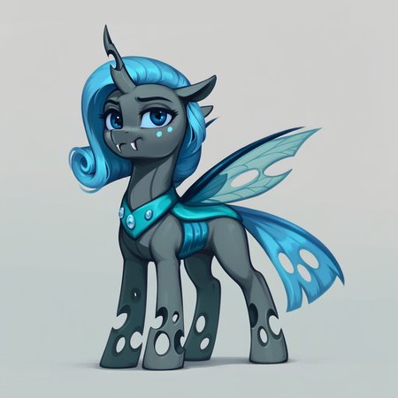 masterpiece, score_9_up, score_8_up, score_7_up, score_6_up, (best quality:1.1), ultra-detailed, high resolution, solo, Carolina Phymata, changeling queen oc, female, mlp, feral, gray skin, long blue mane, blue eyes, eyebrows, blue freckles, blue insect wings, tail, single horn, ears, fangs, full body, simple background, detailed facial features, expressiveh, simple background, highly visible, sharp focus, anatomically correct