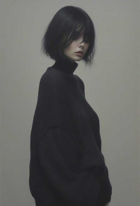 1girl, cute pose, goth, oversized sweater, realistic, detailed, DOOMHAZER