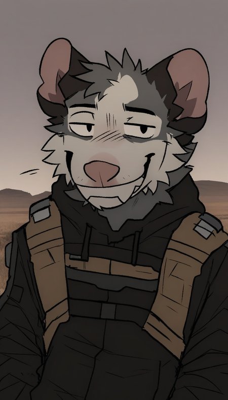 <lora:Maggotnizer_Art_Style_NAI-XL:1> Maggotnizer, solo, male, anthro, furry, 2d artwork, flat colors, opossum, casual clothes, mischievous look on face, smiling, (((techwear outfit))), (((plains background))), best quality, masterpiece