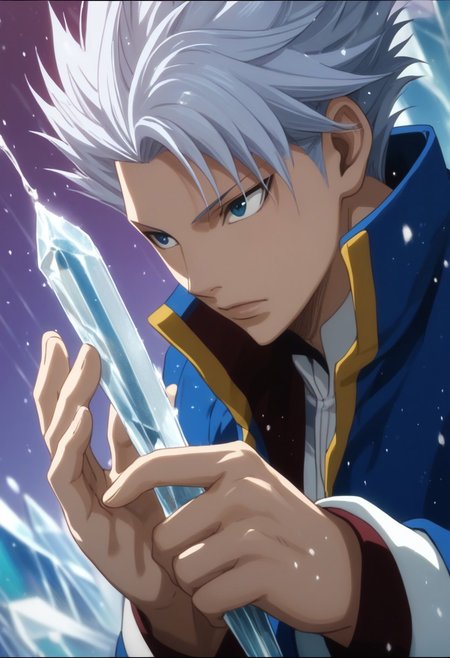 score_9, score_8_up, score_7_up, source_anime, rating_safe, LeonFT, grey Leon hair, blue eyes, glowing, 1boy, male focus, anime screencap, royal high collared coat, ice king, holding icicles, gradient particles, hands with five fingers, Dutch angle, realistic shading,