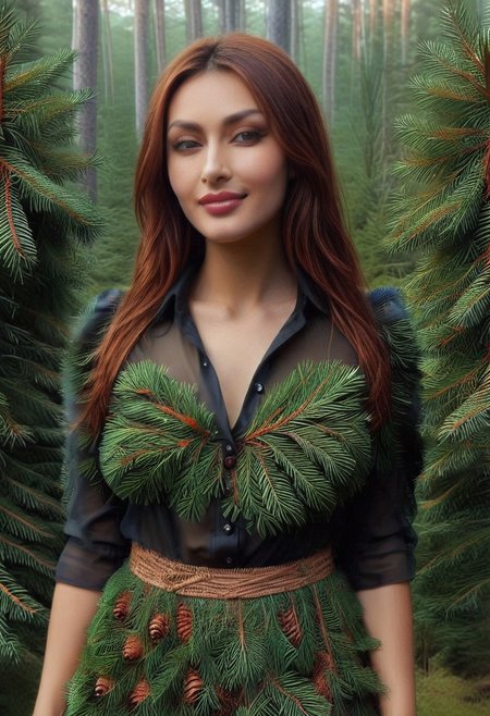 dawn, dark pine forest, colorful dress, perfect picture, (anatomically correct:1.7), score_9, score_8_up, score_7_up, score_6_up, score_5_up, score_4_up, UHD, 8K, masterpiece, detailed, ultra_high_resolution, lots of detail, OverallDetailXL, detailxl, Sci-fi Environments, epiCPhotoGasm-colorfulPhoto. style-empire, colorful style, 1woman, curvy, narrow waist, full lips, (red lips), flowing hair, (natural  eyes:1.3), full smile, mature female, milf, motherly. 32 years old, fir needles, fir needle style, fir needle, (long skirt made out of fir needles and pine cones:2), (long skirt:2.2), (fully dressed:2), (covered body:1.8), (fully covered breasts:1.5), high neck closure, add-detail-xl, short puffy sleeves, Cambodian woman, long hair, light brown hair, small waist, wide hips, high cheekbones, golden glow, (Auntie Flatts:1.12), (blouse made out of  fir needles:2).