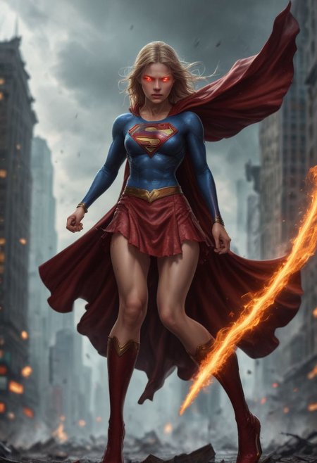 High resolution ultra-realistic of Beautiful Supergirl fighting against alien invasion, cinematic style, standing on a bloody and stormy battlefield in a fighting pose, bloody massacre, fire, realistic combat costume, red mini skirt, perfect athletic figure, wavy blonde hair, handsome dirty bloody face, beautiful perfect detailed pupils, wet oily shiny skin, beautiful firm Breasts, defiant and seductive, sexy 20 year old girl, 8k resolution concept art portrait by Greg Rutkowski, Dark Gotham City, Artgerm, WLOP, Alphonse Mucha, dynamic lighting, hyperdetailed, intricately detailed, Splash art trending on Artstation triadic colors, Unreal Engine, 5 volumetric lighting, Cinematic Lighting, intricate, smooth, sharp focus digital painting, Asymmetrical Balance, painting, dynamic lighting