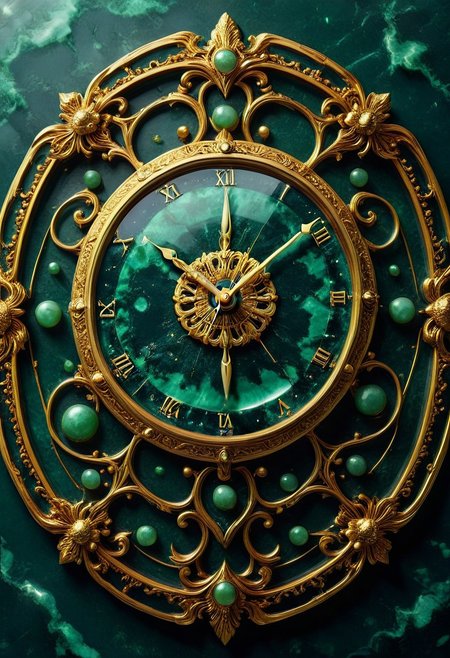 made from jade and obsidian, jade, obsidian,score_9, score_8_up, score_7_up, expensive looking, clock, golden clockhandsб golden metal pattern (mtlartCE_style)