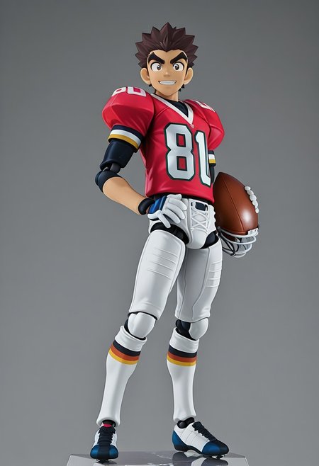 figma, figure anime style, PVC, Yaoi figure PVC, PVC boy, PVC texture, male, High Quality, perfect anatomy, HD, anime style, break
TAROU RAIMON, 1boy, solo, alone, brown hair,  thick eyebrows, dark brown eyes, athletic build, smiling, posing, looking at viewer, football uniform, tight uniform, red and white uniform,