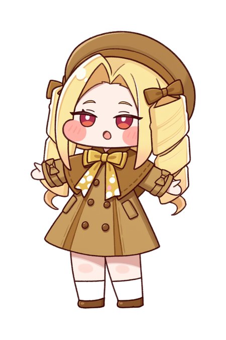 (trickcalcg), (chibi, chibi only:1.3), blush, blush stickers, 
1girl, solo, long hair, blush, open mouth, simple background, blonde hair, long sleeves, white background, red eyes, dress, hat, bow, ribbon, twintails, standing, full body, heart, shoes, socks, bowtie, chibi, coat, :o, arms up, buttons, capelet, white socks, blush stickers, drill hair, transparent background, stuffed toy, twin drills, brown headwear, double-breasted, brown dress, brown coat, yellow bowtie, brown bow, brown ribbon, brown capelet, brown bowtie, chloe \(trickcal\), chloe \(trickcal\) \(luxury tailor style\), 
(masterpiece, best quality, absurdres, highres, newest, very awa:1.2), 