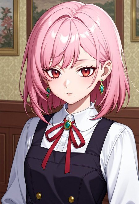 soumakira, in the style of a painting, detailed background, solo, anime coloring, indoors, 1girl, red eyes, jewelry, earrings, expressionless, closed mouth, pink hair, red eyes, school uniform, pinafore dress, white shirt, neck ribbon, mole under eye, mole under mouth