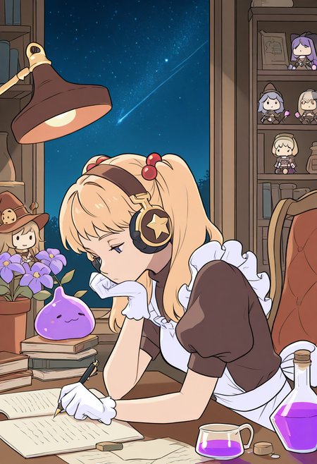 masterpiece, best quality,   zzLofi, 1girl, apron, black lunette, blonde hair, book, bookshelf, box, brown dress, brown headwear, character doll, closed mouth, curly sue, desk lamp, deviruchi, dress, expressionless, flask, flower, frilled apron, frills, gloves, hair bobbles, hair ornament, hat, unworn hat, head rest, headphones, unworn headwear, holding, holding pen, jiangshi, kafra uniform, lamp, leaning forward, long hair, looking down, maid, munak, night, pen, poring, potion, puffy short sleeves, puffy sleeves, purple flower, ragnarok online, short bangs, short sleeves, sky, slime (creature), spore (ragnarok online), star (sky), starry sky, twintails, upper body, vase, white gloves, witch hat, writing   ,    <lora:LofiGirl_Style_IXL:1.0>,