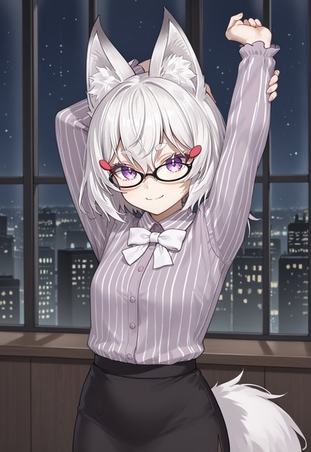 1girl, solo, solo focus, highres, absurdres, LadyMaemi, fox ears, hair ornament, white hair, glasses, animal ear fluff, purple eyes, black-framed eyewear, short hair, hairclip, bangs, hair between eyes, thick eyebrows,

white shirt, striped shirt, collared shirt, long sleeves, white bowtie, fox tail, black skirt, pencil skirt, black pantyhose, 



looking at viewer, light smile, closed mouth, arms up, stretching, 

indoor, cityscape, neon lights, window, dark, night, night sky, light particles, backlighting, shade,