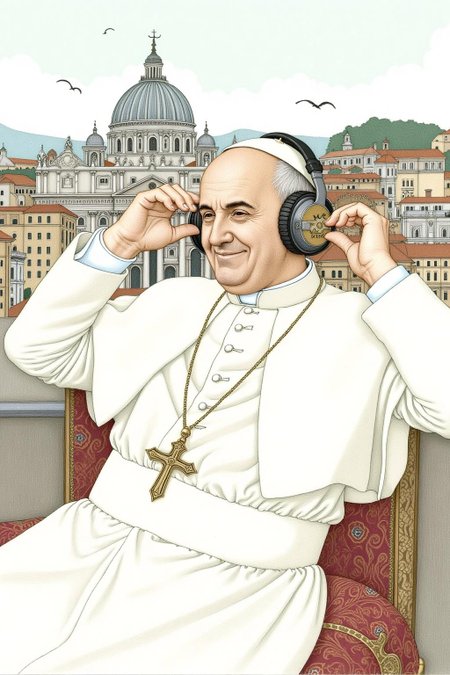 olgadugina1 illustration. 
Pope Francis, wearing oversized headphones, lounges owith an air of cool detachment. His face and body blends seamlessly with the Vatican cityscape.  <lora:olgadugina2_cap_d6a3e9:1.0><lora:858118491952145060:0>