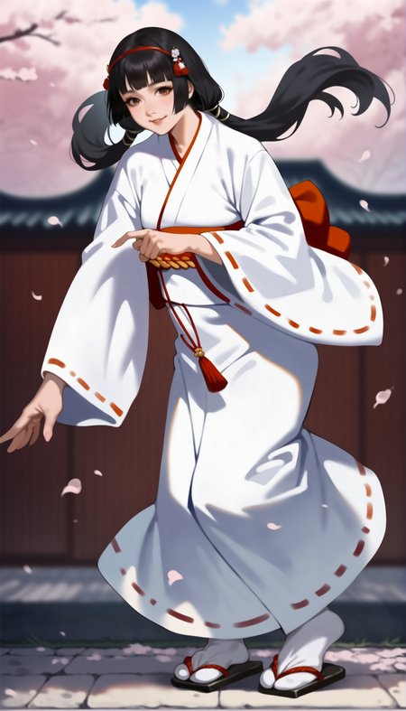 score_9,score_8_up,score_7_up,
<lora:naotoraii:1>,naotora ii,realistic,1girl,solo,
black hair,bangs,blunt bangs,twintails,low twintails,red hair ornament,red hairband,white scrunchie,
miko outfit,tabi,zÅri,
brown eyes,looking at viewer,smile,
outdoors,cherry blossoms,japanese style wall,vignetting,blurry background,
standing,full body,