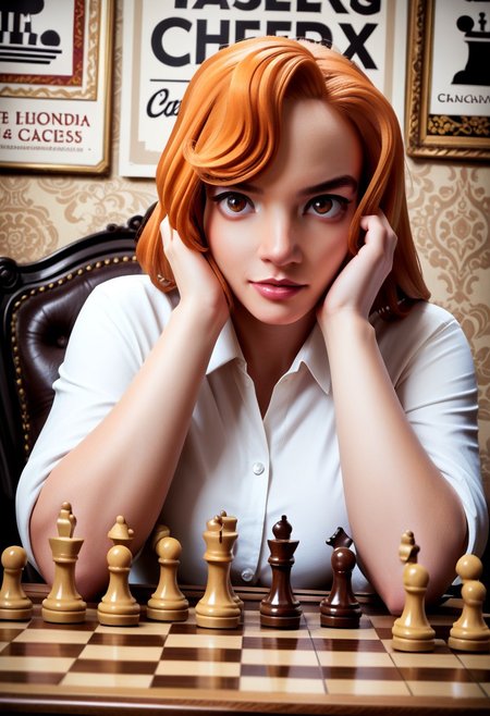 Hyper realistic detailed scene. 
score 9, score 8, score 7, score 6, 
xb0xc0ver, xbox360 video game cover of bethh, orange hair, on a giant chessboard, pieces , poster, (text "CHESS")