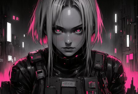 bv-anibrush, xslx scribble. A strikingly beautiful young woman in a dark, futuristic dystopian cityscape at night, her salt and pepper hair flowing slightly disheveled, blending into the shadows, while the faint glow of distant neon signs reflects off her sharp facial features. Her glowing eyes pierce through the surrounding darkness. She is dressed in sleek, futuristic techwear, featuring a tactical harness with multiple straps, pockets, and tech pouches. Her outfit is dark, with matte black fabrics contrasted by subtle neon accents and metallic details, similar to urban streetwear fused with high-tech combat gear. The ensemble includes a fitted crop top, layered with a utility belt and thigh straps, all designed for functionality and style. The city around her is defined by cold grey tones, with streaks of black, red, and magenta cutting through the dimly lit streets. The overall atmosphere is tense, with flickering street lights and the glow of embers from distant fires casting an ominous glow. The art style is intensely rough and sketch-like, with visible, bold brush strokes and strong line work, creating a raw, hand-drawn illustration effect. The colors bleed slightly, giving a dynamic, unfinished aesthetic that merges digital precision with an organic, textured finish. medium shot, her body is lying on the ground with one arm stretched forward, legs slightly bent . The camera captures her from the front . , <lora:bv-anibrush-v1-flux.safetensors:1.0:1.0> <lora:Risograph_Style_FLUX_by_Ethanar-000001.safetensors:1.0:1.0> <lora:scribble-flux-v1.safetensors:0.5:0.5>