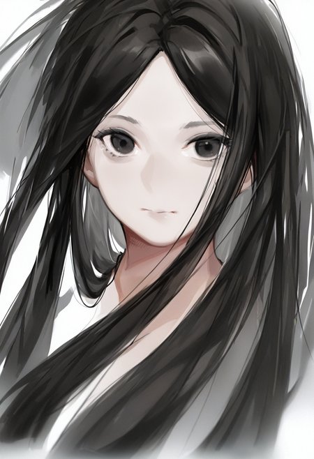 solo, long hair, black hair, white background, simple background, black eyes, closed mouth, looking at viewer, upper body, parted bangs, 1girl, bangs <lora:solaXL_NBVP1_lokr_V6311P:0.95>