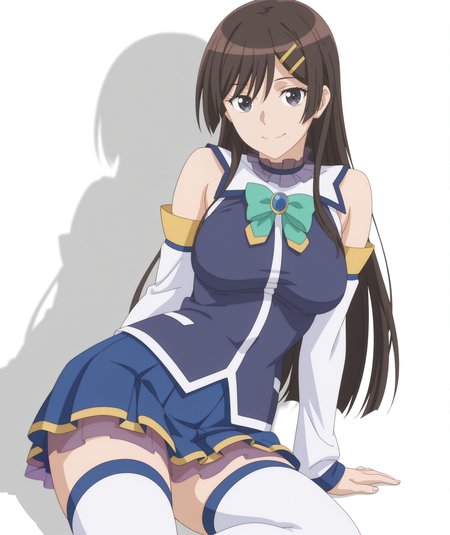 official art, absurdres, highres, anime coloring, hi res, best quality, masterpiece, 2d, intricate details, 4k, shadow,
1girl, solo, female, long hair, bangs, brown hair, black hair, hair ornament, hairclip, black eyes, grey eyes, purple eyes,
breasts, medium breasts, large breasts,
skirt, thighhighs, bow, bare shoulders, detached sleeves, white sleeves, white thighhighs, zettai ryouiki, cosplay, alternate costume, aqua \(konosuba\) \(cosplay\), 
contrapposto, looking at viewer, sitting, 
depth of field, white background, <lora:Hibiki_Otonashi_(Character)_ILXL:1>