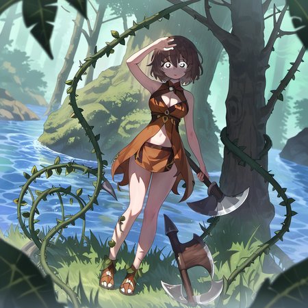 1girl, by kodoto, arm up, axe, bare shoulders, black eyes, breasts, bright pupils, brown hair, cleavage, full body, grass, holding, holding axe, leaf, looking at viewer, medium breasts, navel, outdoors, plant, short hair, solo, standing, tree, vines, water, white pupils