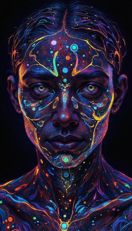 open_Impressionism,DIGITAL PAINTING,FLUORESCENT, GLOW,pointillist tetradic color dot technique,D4rch,fluidart style, scattered white dots,  Close up shot of a person with iridescent, luminescent body paint illuminated by UV lighting against a black backdrop. The paint shimmers with hues of purple, blue, green, and orange, applied in abstract vertical strokes that follow the contours of the body. Focus on the interplay of light and texture, capturing the ethereal glow and otherworldly quality of the paint. Emphasize the luminescence and vibrancy of the colors, contrasting sharply with the dark background.