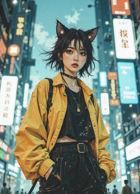 Neo Photorealistic Art Style, A girl with cat ears and flowing unkempt black hair wears a sleek yellow-green windbreaker jacket. She radiates cutting-edge futurism, set in a surreal, intricate futuristic background. Surrounded by countless glowing tube lights, she exudes avant-garde sophistication amidst a complex, luminous backdrop. Noir. Night.
