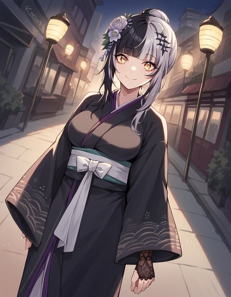 score_9, score_8_up, score_7_up, source_anime, <lora:shiori-novella-ponyxl-lora-nochekaiser:1>, shiori novella, black hair, blunt bangs, large breasts, long hair, multicolored hair, sidelocks, split-color hair, two-tone hair, straight hair, streaked hair, yellow eyes, grey hair,, black kimono, black shawl, hair bun, hair flower, hair ornament, japanese clothes, kimono, lace, lace-trimmed gloves, lace gloves, lace trim, shawl, wide sleeves,, city street, evening, streetlights, walking dog, quiet neighborhood, gentle breeze, , looking at viewer, smile, solo,, cowboy shot, dutch angle