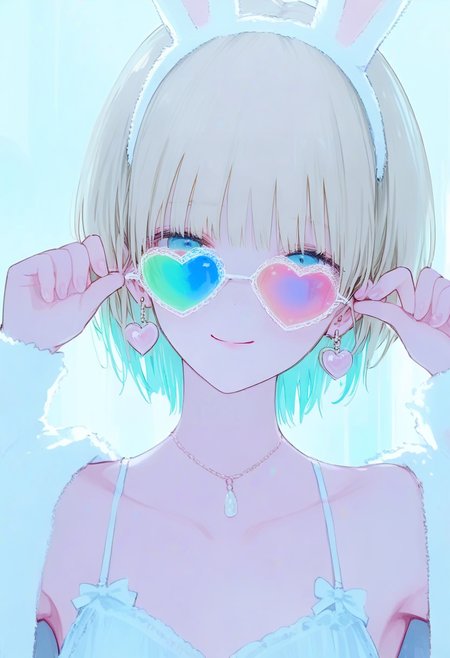 1girl, heart-shaped eyewear, solo, heart, jewelry, blonde hair, fake animal ears, animal ears, earrings, sunglasses, rabbit ears, looking at viewer, short hair, blue eyes, smile, necklace, tinted eyewear, pink-tinted eyewear, heart earrings, upper body, closed mouth, bangs, looking over eyewear, adjusting eyewear, hairband, bare shoulders, white-framed eyewear, hands up, camisole, white hairband <lora:748cmXL_NBVP1_lokr_V6311PZ:0.95>