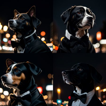 RAW photo, absurdres, high quality, photorealistic, detailed, realistic, 
a portrait of an evil dog wearing a (tuxedo:1.2),
outdoors, street lights, night, harsh lighting, magical photography, dramatic lighting, photo realism, ultra-detailed, 35mm, f/2.8, 8k uhd, dslr, film grain,