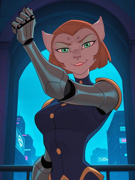 <lora:Captain_AmeliaIL:0.8> c_a, 1girl, cat, furry, ginger hair, green eyes, mint eyelids, freckle on upper right lip,
looking at viewer, cyberpunk, augmentations, prosthetic, metal arm, GLOWING CYBERNETIC EYE,difficult background, at night, dynamic pose, upper body