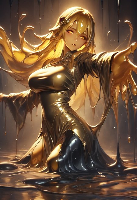 score_9, score_8_up, score_9_up, score_7_up, high quality, masterpiece, highly detailed, 1 girl, (((black slime girl))), large breasts, girl see through body. DonM5h4d0wM317XL, golden kimono dress, golden hair ornament, long hair, glowing golden eyes, reaching out to viewer, dark forest background