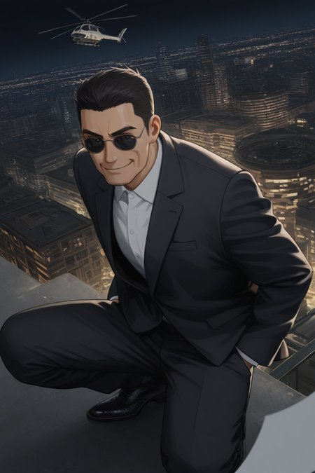 realistic shading, neon lighting, male focus, squatting, looking at viewer, floating object, floating papers, hands in pocket, expressive face, smug, minodaoi, black_minodaoi_short hair, black_minodaoi_eyes, old man, 1boy, formal attire, sunglasses, covered eyes, shiny skin, suit, pants, black footwear, outdoors, night sky, dark, white bird, helicopter, cityscape, citylights, from above, dutch angle, dynamic angle, intricately detailed illustration, depth of field, masterpiece, best quality, amazing quality, very aesthetic, absurdres, newest