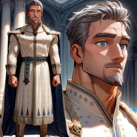 <lora:King_Magnifico:.8> KingMagnific0, short hair, gray hair, blue eyes, facial hair, mustache, mature male, muscular,, cape, white robe, blue belt, pale brown leggings, 
face focus, close-up, 
(very short hair, beard, bara, mature, facial hair, stubble, beard, full beard, sideburn, beard, a lot of beard, ), facial hair,male focus, muscular male, muscular male, bara, mature,  bara, mature, aixiwuganda_(20222192), very awa, masterpiece, best quality, absurdres, newest, perfect quality, detailed background, intricate details,
<lora:slider_Body Type_alpha1.0_rank4_noxattn_last:3><lora:style_Anime Summer Days 2 Style SDXL_LoRA_Pony Diffusion V6 XL:.6><lora:slider_cfg_scale_boost:.7><lora:Artist6p:.55>, Artist6p, Artist04p,<lora:slider_il_brightness_slider_d1:-1><lora:slider_il_contrast_slider_d1:-1><lora:slider_DarkSlider1.2_alpha1.0_rank16_full_300steps:-.6>