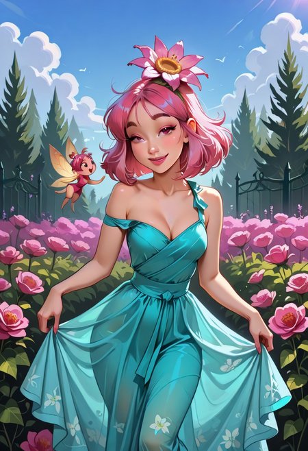 MulanXLP, 1girl, solo, POH-Illu, flowers, hair flowers, hair ornament,
fae, fairy, playful, sexy, teasing, dancing, in a garden, sunshine, puffy clouds, hazy sunshine,
slender,
intricate sundress, festival dress,
slender hips, tiny waist, 
strap slip, cleavage, small breasts,
masterpiece, best quality, newest, absurdres, highres, very awa