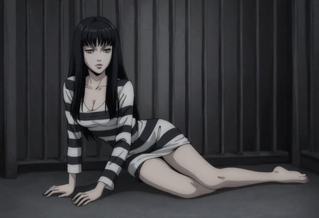 tomietomie, solo, alone, long hair, black hair, grey eyes, prison clothes, high quality, full body, tight clothes, empty room, cleavage