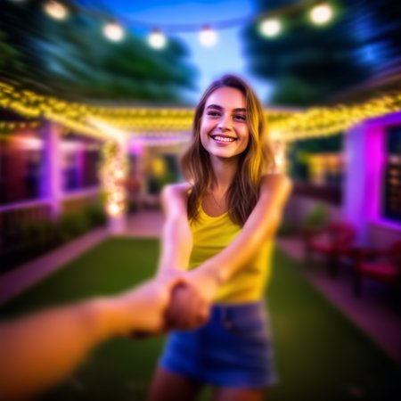 povdanc  girl  in garden holding hands in nigcht club bokeh background in motion<lora:povdanc:1>