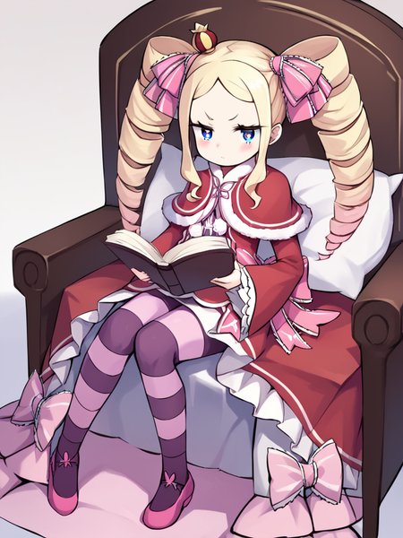 score_9,score_8_up,score_7_up,<lora:beatrice_(re_zero):1>,bad_pixiv_id, closed_mouth, striped_pantyhose, photoshop_\(medium\), frilled_dress, v-shaped_eyebrows, mini_crown, frilled_sleeves, bad_id, blush, commentary_request, beatrice_\(re:zero\), 1girl, bow, holding_book, hair_ribbon, sidelocks, twin_drills, fur_trim, striped_clothes, looking_at_viewer, legs_up, solo, reading, sitting, capelet, pillow, :<, white_background, shoes