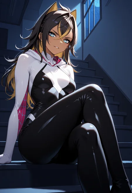 masterpiece, best quality, 1girl, solo, d3hya, dark-skinned female, long hair, streaked hair, black hair, blonde hair, hair between eyes, crossed bangs, hair intakes, hooded bodysuit, spider web print, bodysuit, hood, gwenstacy, stairs, indoors, stairwell, dark, night, shadow, sitting, crossed legs, blue eyes, yellow pupils, hair ears, pointy hair, looking at viewer, v-shaped eyebrows, parted lips, light smile