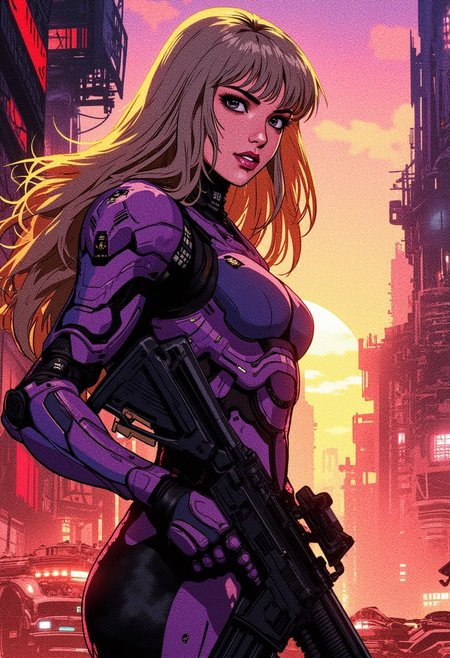 Abstract digital painting in the style of ck-js, concept art, futuristic, cyberpunk female warrior, purple and black power armour, long flowing blonde hair, bangs, dark eyeshadow, red lips, standing on street of futuristic sci-fi city, holding assualt rifle, towers, domes and skyscrapers, sunset, rule of thirds, perfect lighting, sunset, HD32K, wallpaper, hyperdetailed