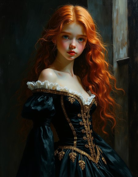 masterpiece, high quality, Oil Painting, an ethereal teen girl wearing an ornate black and gold corseted Victorian dress by Albert Lynch, Abbott Handerson Thayer, highly detail, best quality, innocent, white skin, pale skin, glowing blue eyes, long flowing red hair, petite body, stepping out of a door into a nebula, stepping out of the darkness, ultra detailed, romantic, focus on the girl, shadow and light, Masterpiece, intricate lines, intriguing atmosphere, sharp magnificent details, delicate features, elaborate details, (2\3 rule composition:0.5), ultra detailed, romantic, Rembrandt lighting, brush strokes,  del1cate_balance style, in the style of Rembrandt. vantablack <lora:style_of_Rembrandt_FLUX_135:.8> <lora:- Flux1 - vanta_black_V2.0:.8> <lora:Delicate_Balance:.3> <lora:neeeg_f1:-1>