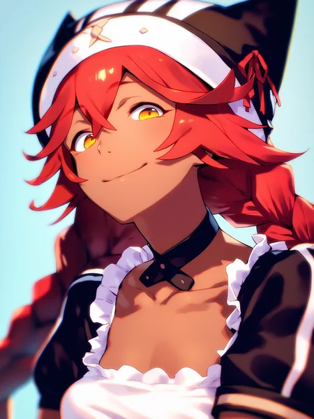 score_9, score_8_up, score_7_up, score_6_up, score_5_up, score_4_up, BREAK, source_cartoon, source_anime, 1girl, lupusregina, red hair, long hair, twin braids, yellow eyes, dark skin, choker, dress, hat, maid, upper body, sadistic smile, looking at viewer, solo, simple background     <lora:LupusReginaXL:1>