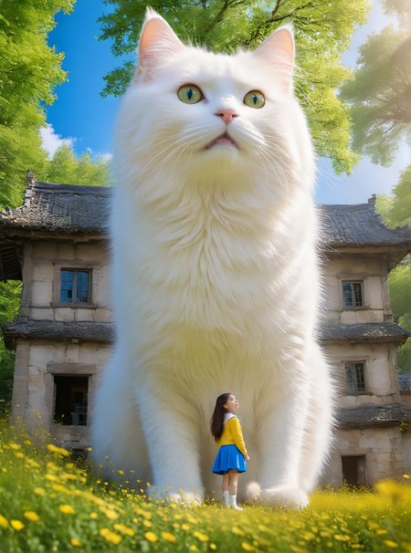 <lora:white cat è¿æV1.0-0008:0.8>,large white cat,a young girl,in the middle of the forest, large building,, (masterpiece, best quality, highres:1.2),