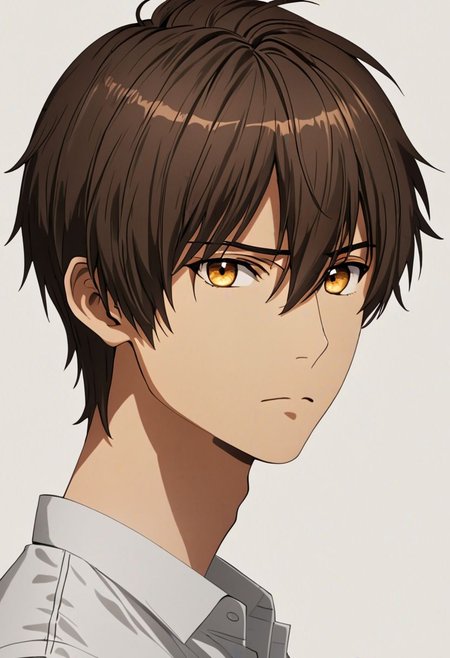 Highres, Masterpiece, High Quality, 4K, 8K, solo, 1Boy, Seiya Kanie, short dark brown hair, golden eyes, Shirt, passport_photo_style, looking at viewer, focused gaze forward, plain background, straight body, head upright, easynegative, detailed_eye_model