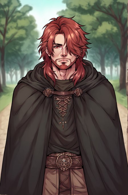 score_9,score_8_up,score_7_up,score_6_up,score_5_up,score_4_up ,<lora:aesthetic_witchy:0.3>,witchyaesthetic,realistic,blurry background solo,long hair,looking at viewer,red eyes,1boy,closed mouth,male focus,red hair,outdoors,belt,hood,hair over one eye,blurry,tree,blurry background,facial hair,cloak,beard,hood up,hooded cloak <lora:dskart_ponyxl:0.8> Duskfallcrew Art Style