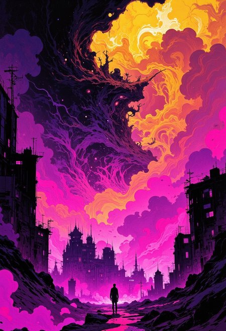 A hauntingly atmospheric digital painting of an urban void, shrouded in swirling volumetric fog that cloaks the fragmented silhouettes of figures moving like ephemeral ghosts through shifting beams of neon light. The silhouettes are indistinct, their forms dissolving into the haze, evoking a sense of mystery and detachment. The scene is bathed in a vibrant yet melancholic color palette of pulsing magentas, muted yellows, and deep shadows, with the fog absorbing and refracting the neon glow to create a surreal, dreamlike ambiance. An analog noise texture overlays the image, lending it a tactile, nostalgic quality reminiscent of decaying film stock, further blurring the line between physical space and digital memory. The composition feels immersive yet disorienting, as if the viewer is caught in a hypnotic rhythm of light and shadow within a city lost to time. Cyberpunk aesthetic, dystopian surrealism, analog futurism.